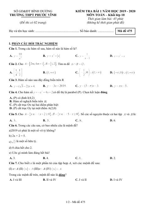 Đề kiểm tra bài 1 Toán 10 năm 2019 – 2020 trường Phước Vĩnh – Bình Dương (bản Word)